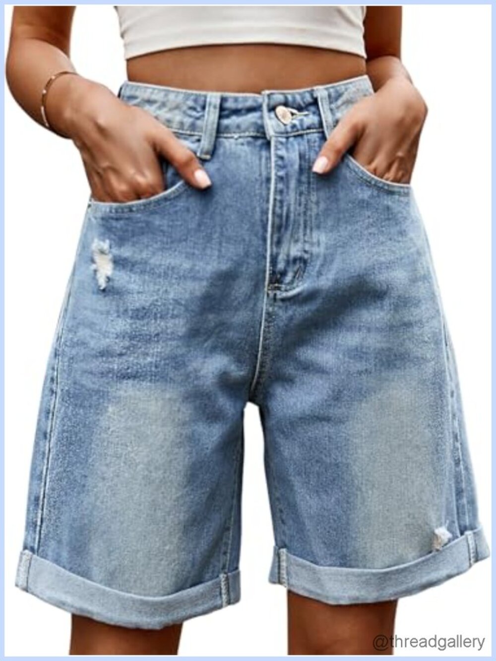 High Mid Rise Ripped Denim Jean Shorts Folded Hem Bermuda